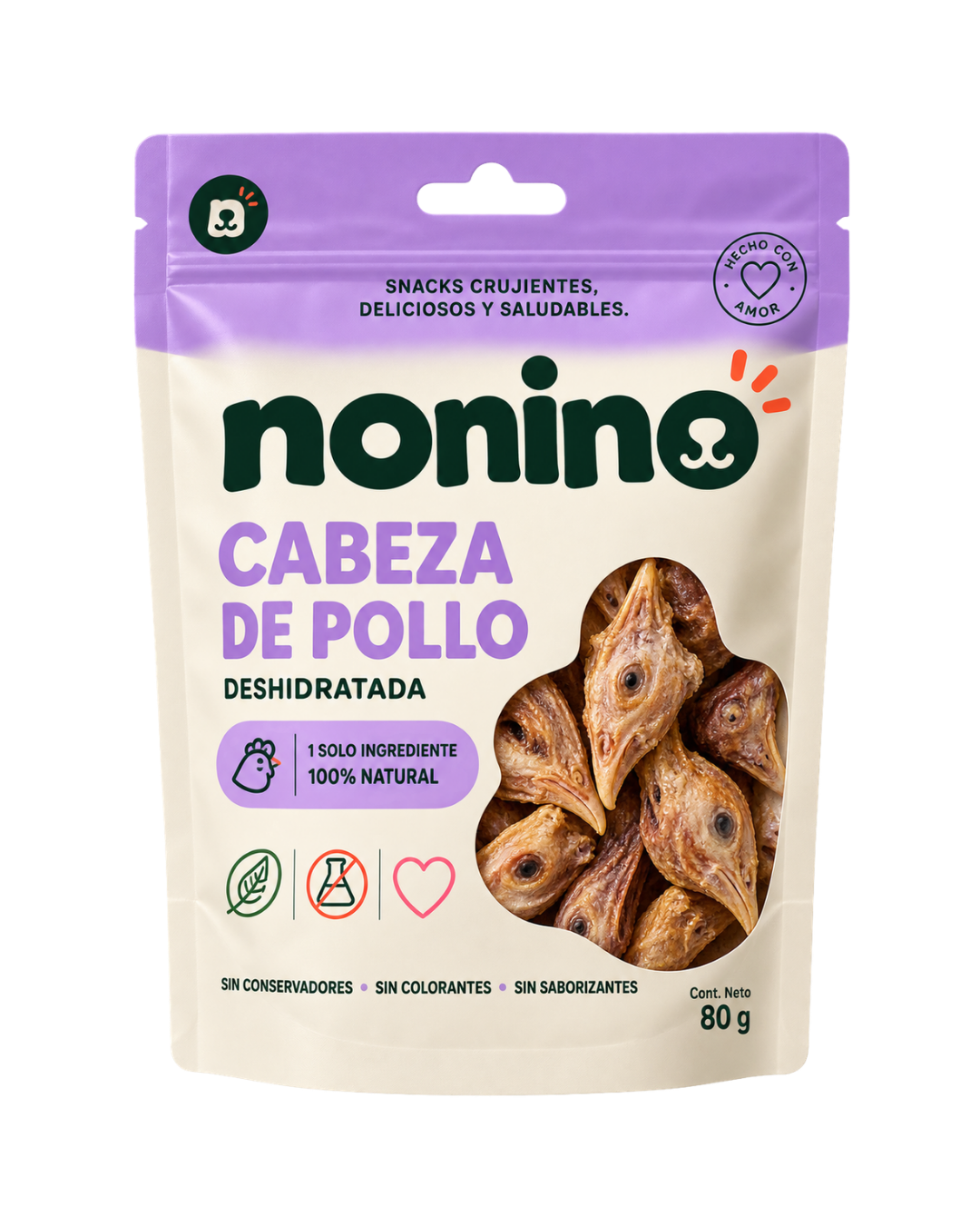 Bolsa de Cabezas de Pollo Deshidratadas Nonino, vista de frente, con los sellos de 1 solo ingrediente y 100% natural
