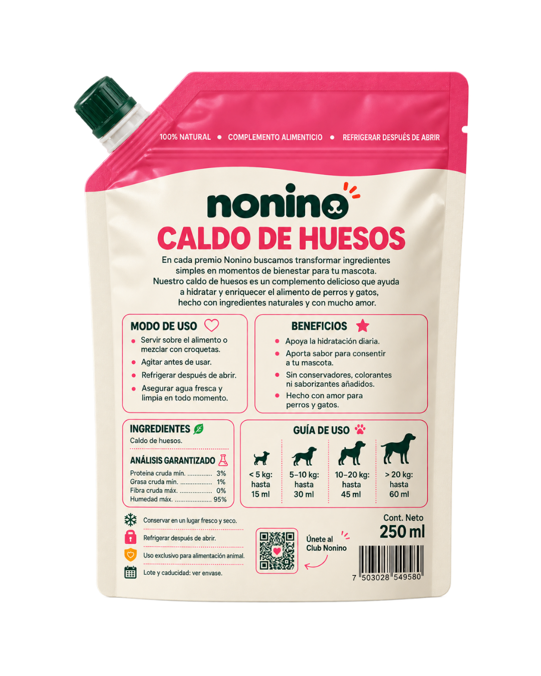 Reverso de la bolsa de Caldo de Huesos de Pollo Nonino con modo de uso, ingredientes y guía de alimentación