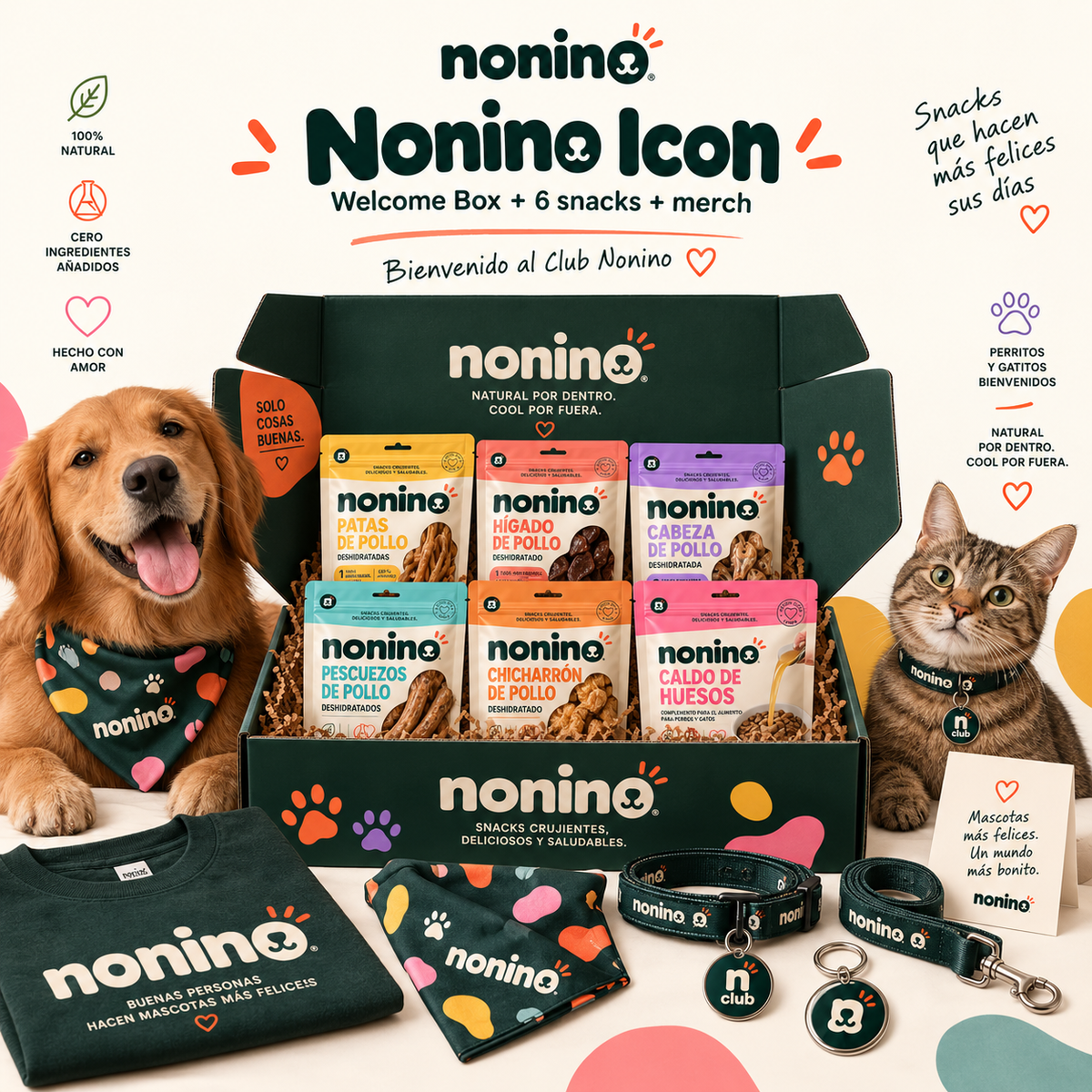 Plan Icon del Nonino Club: Welcome Box con snacks, collar, correa y merch, más suscripción mensual