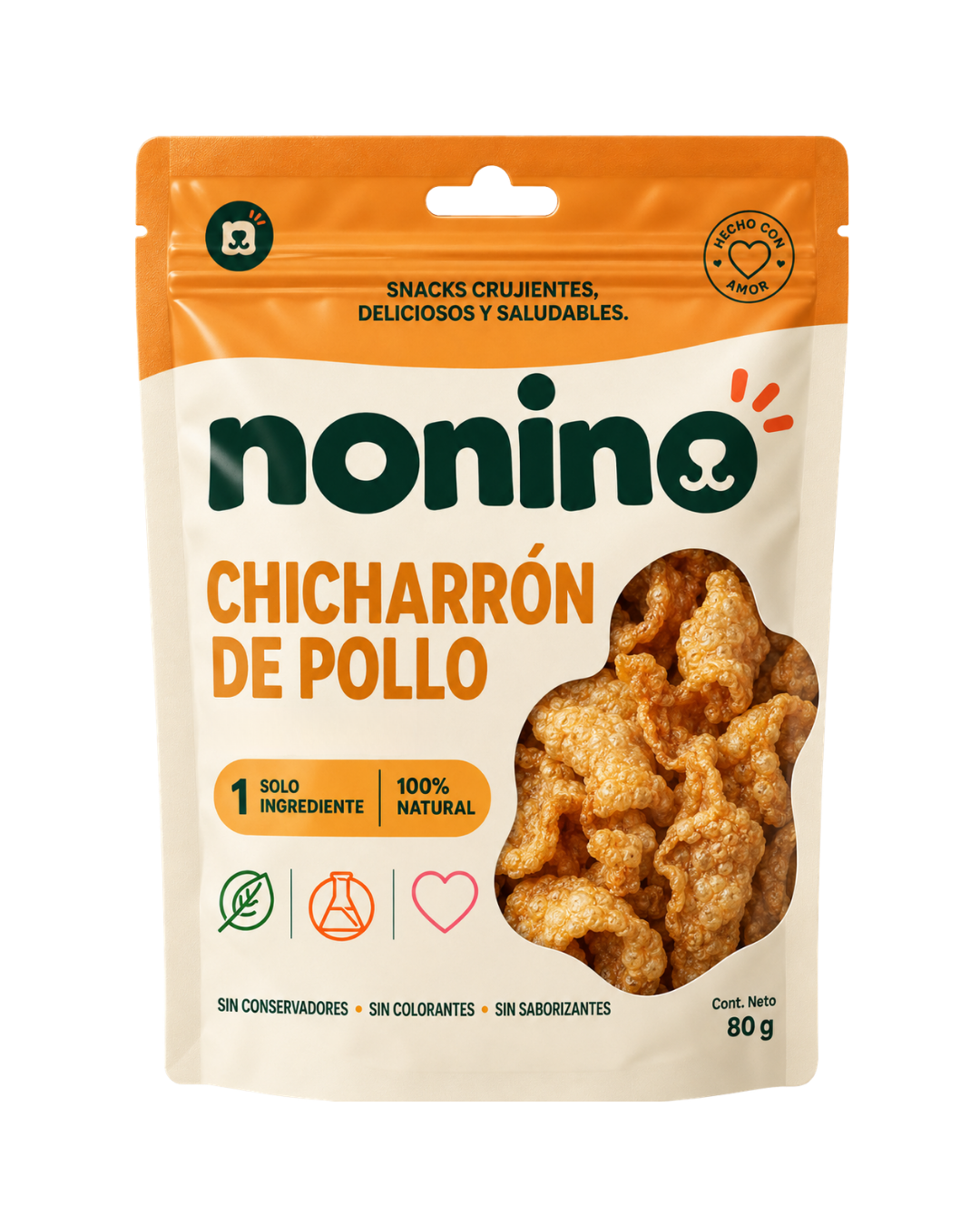 Bolsa de Chicharrón de Pollo Deshidratado Nonino, vista de frente, con los sellos de 1 solo ingrediente y 100% natural