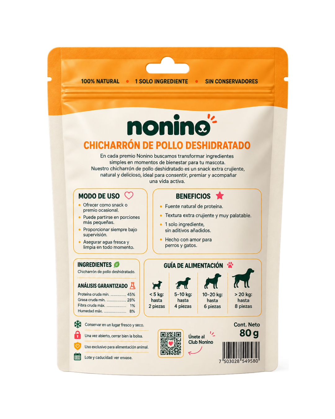 Reverso de la bolsa de Chicharrón de Pollo Nonino con modo de uso, beneficios, ingredientes y guía de alimentación según el peso del perro