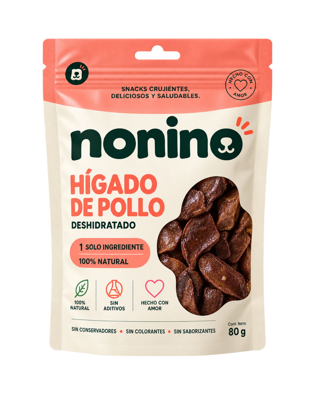 Bolsa de Hígado de Pollo Deshidratado Nonino, vista de frente, con los sellos de 1 solo ingrediente y 100% natural