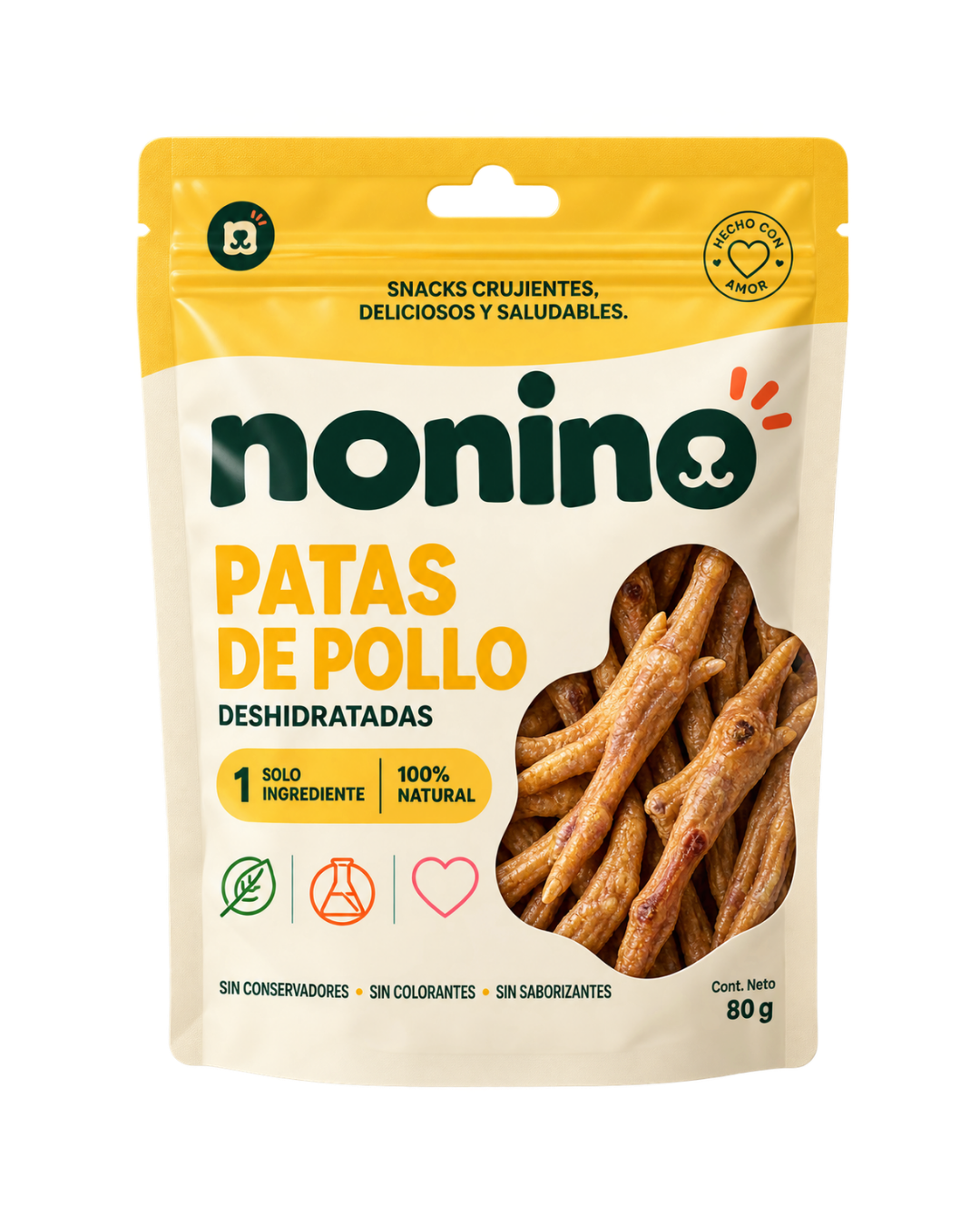 Bolsa de Patas de Pollo Deshidratadas Nonino, vista de frente, con los sellos de 1 solo ingrediente y 100% natural