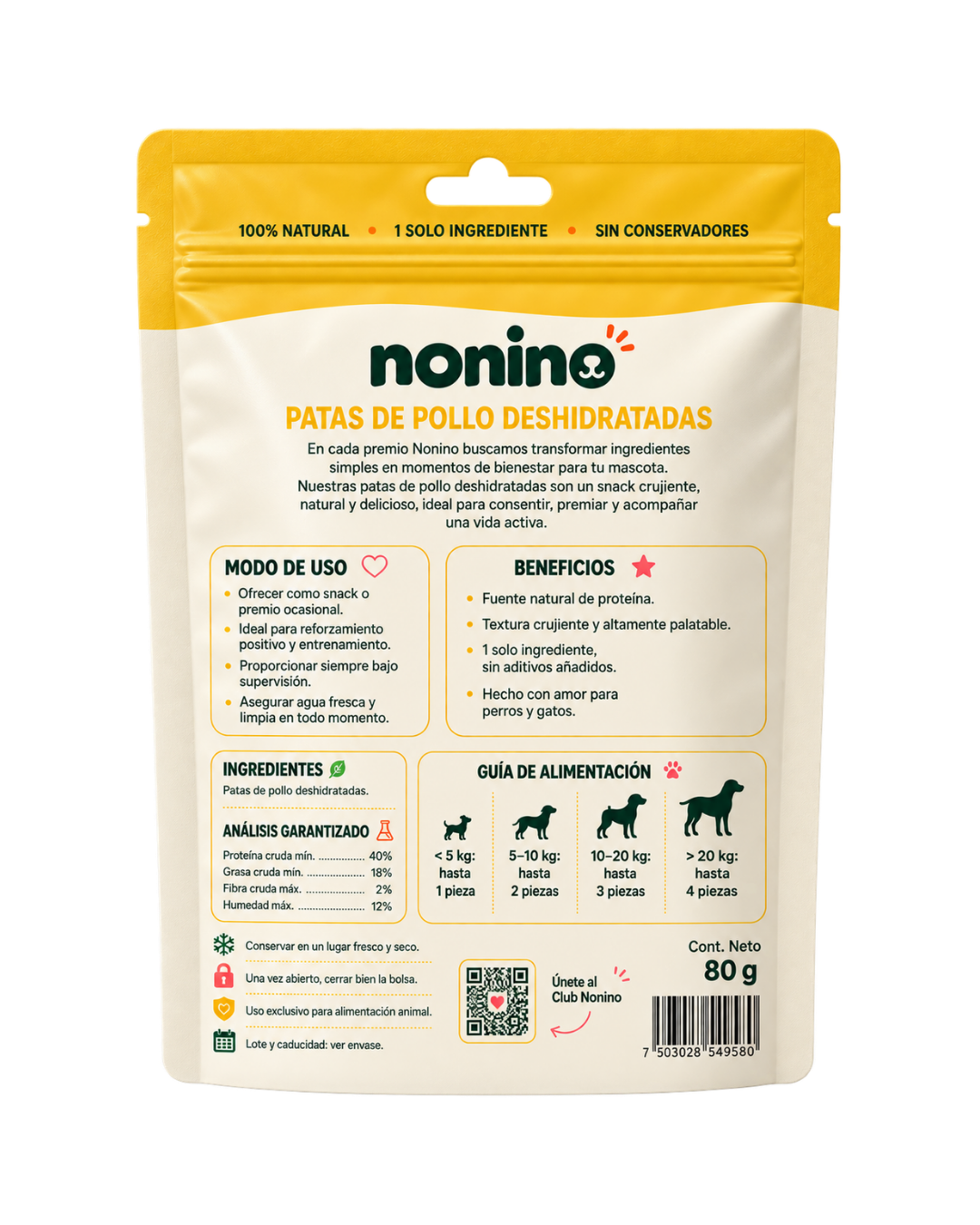 Reverso de la bolsa de Patas de Pollo Nonino con modo de uso, beneficios, ingredientes y guía de alimentación según el peso del perro