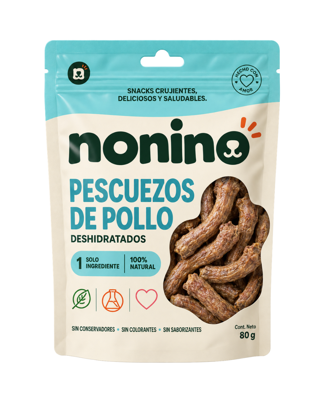 Bolsa de Pescuezos de Pollo Deshidratados Nonino, vista de frente, con los sellos de 1 solo ingrediente y 100% natural