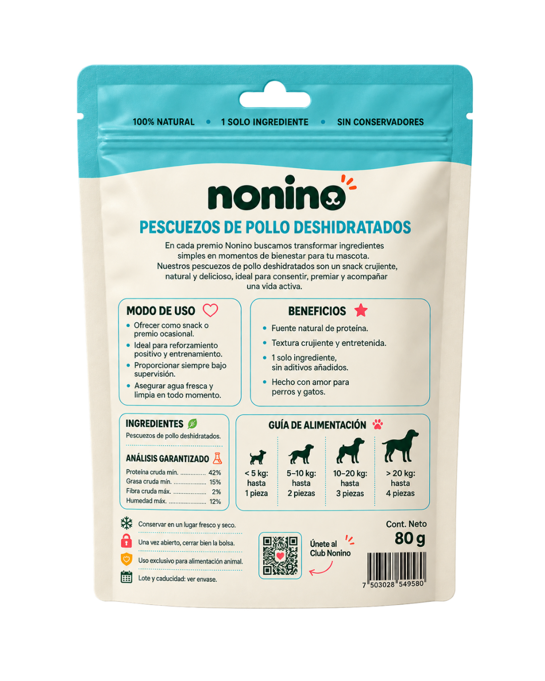 Reverso de la bolsa de Pescuezos de Pollo Nonino con modo de uso, beneficios, ingredientes y guía de alimentación según el peso del perro